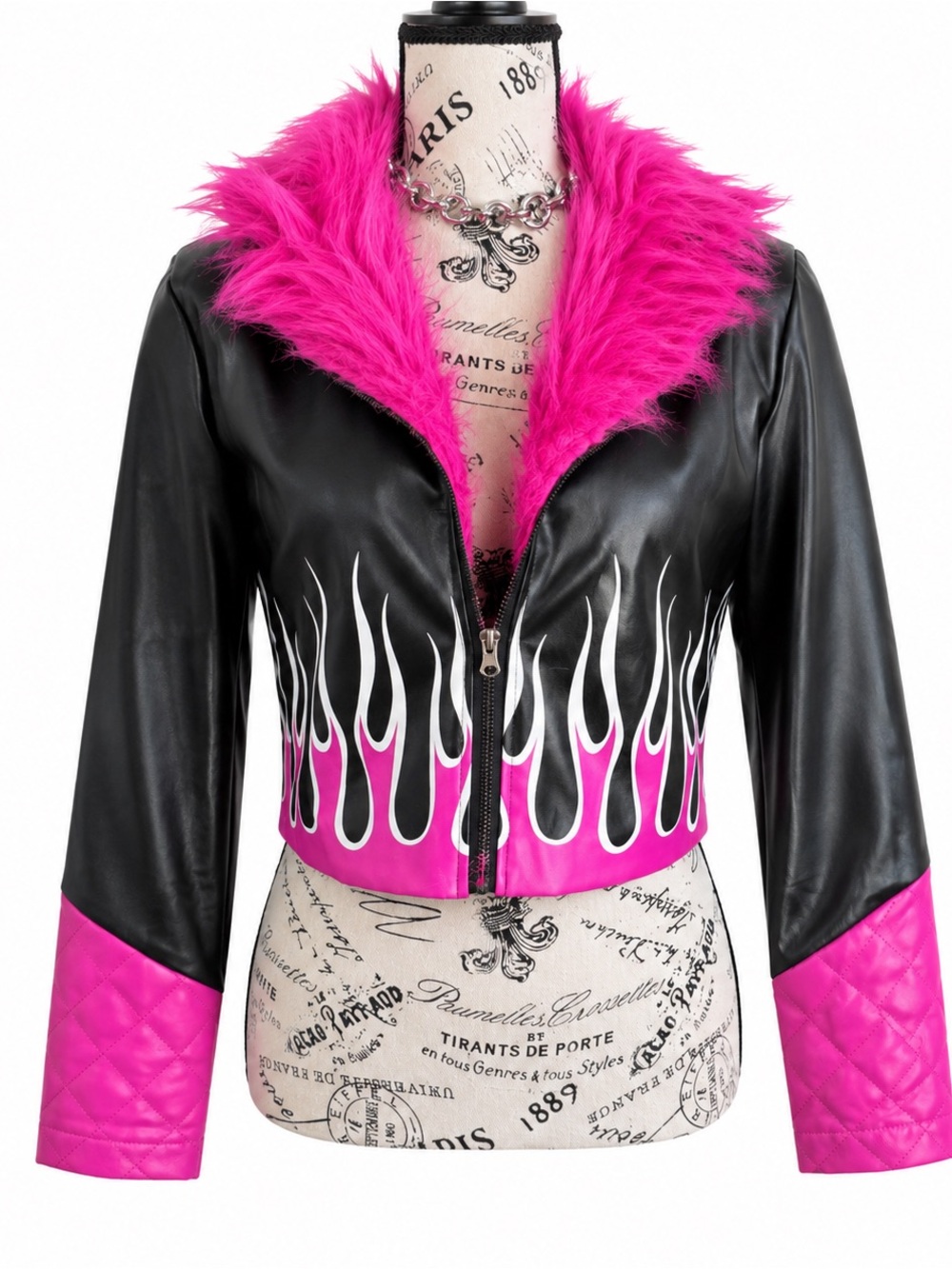 Women's Black Jacket with Hot Pink Faux-Fur Trim and Flame Detail